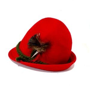 German Tyrol Hat Octoberfest Lodenhut Alpine Red Feather Size 48 VTG Scandi Felt